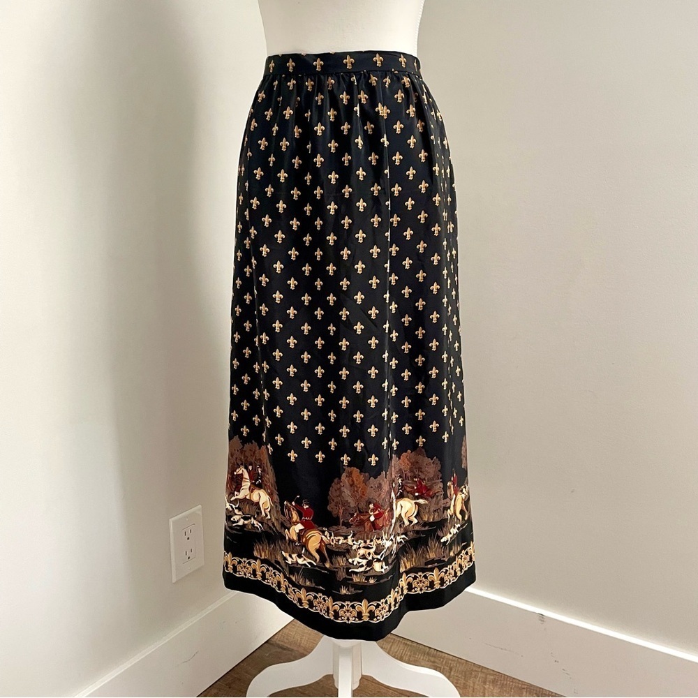 Vintage 90's Leslie Fay Equestrian Print Old Money Midi Length Skirt Size 14